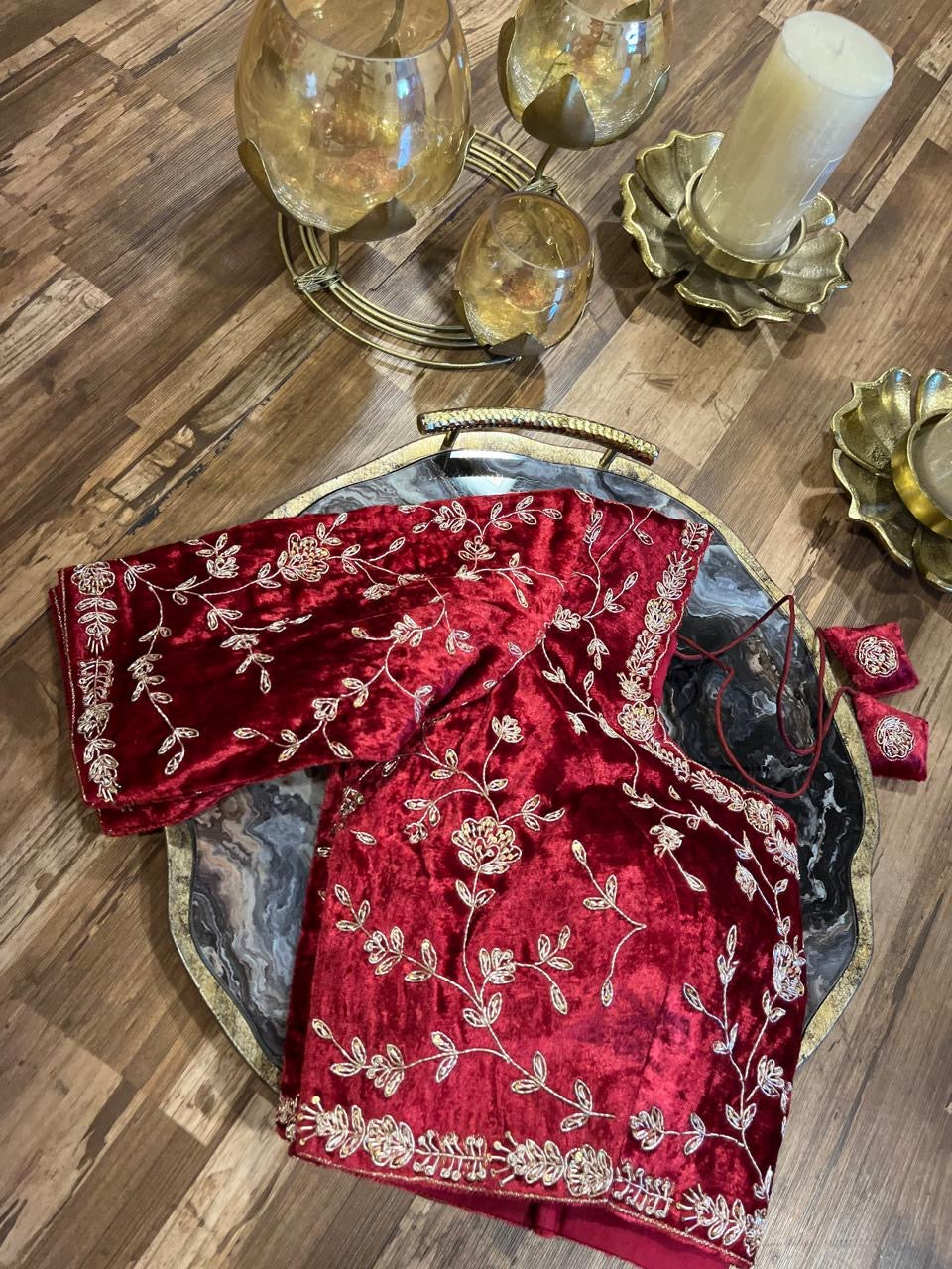 Maroon Red  Velvet Handworked Blouse